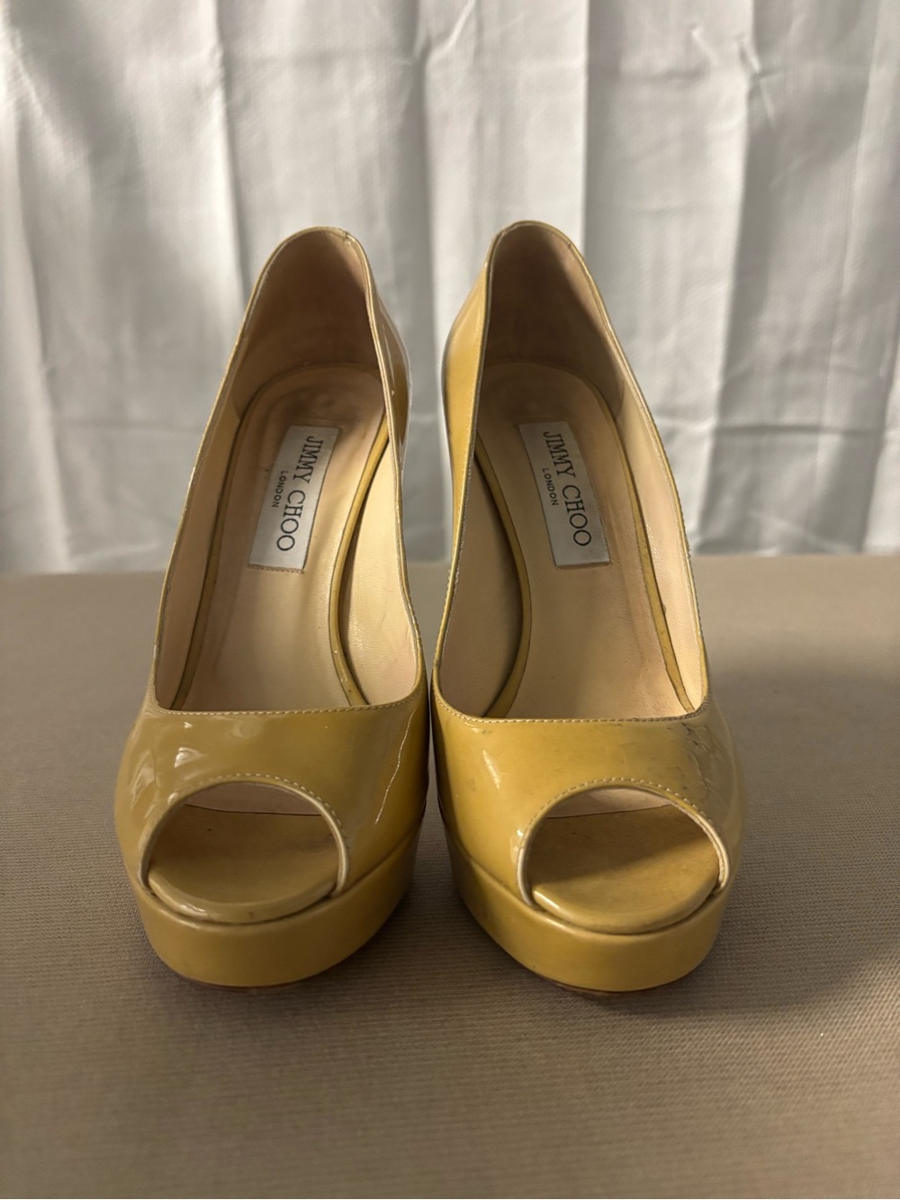 Jimmy Choo “Crown” Nude Patent Leather Peep Toe Platform Pump | Size 36.5